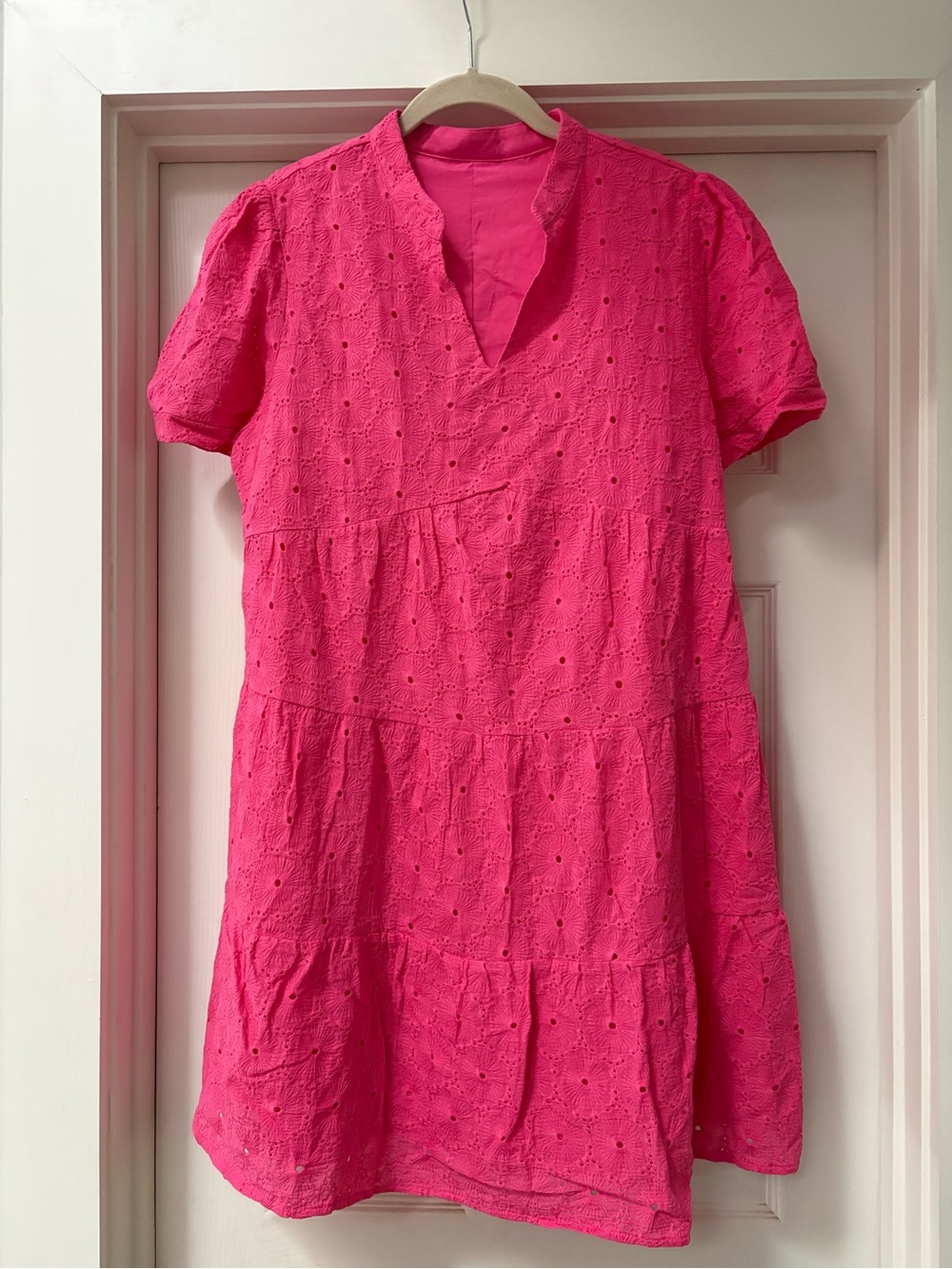Bright Pink Eyelet Tiered Midi Dress